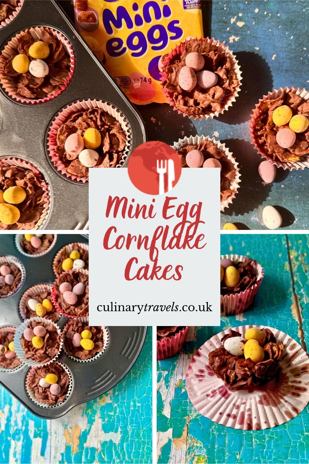 Pinterest collage pin for Mini Egg cornflake cakes, featuring several homemade chocolate cornflake cakes topped with pastel Mini Eggs.